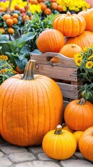 A vibrant display of various pumpkins, gourds, and flowers arranged on a rustic cart embraces the beauty of the fall season in a lush garden setting.