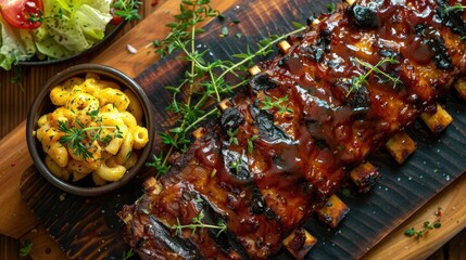 Top view of a rack of grilled ribs garnished with fresh herbs, served with a side of mac and cheese and a small salad.