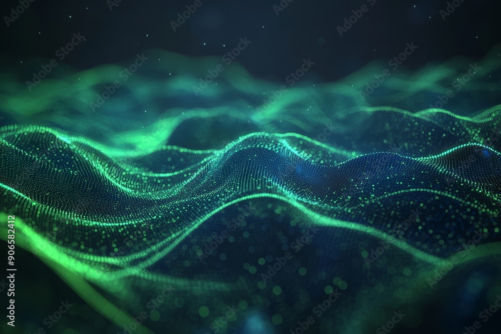 Poster data particles floating on a green and blue background