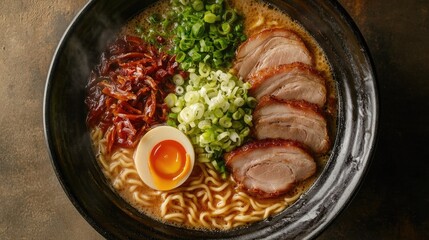 Top view of a ramen bowl with a rich, creamy broth, noodles, and a variety of toppings including pork slices and green onions.