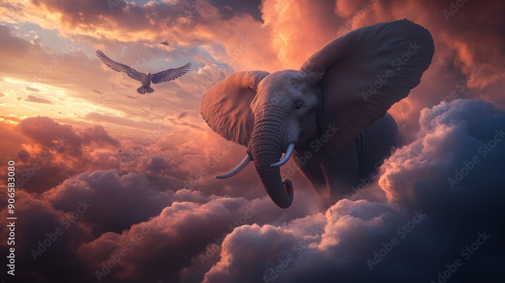 Poster using a single image, an elephant soars through the skies.
