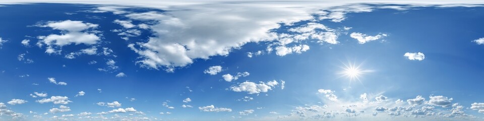 Naklejka premium blue sky hdri 360 panorama with white clouds with zenith for use in 3d graphics as sky dome or edit drone shot as sky replacement