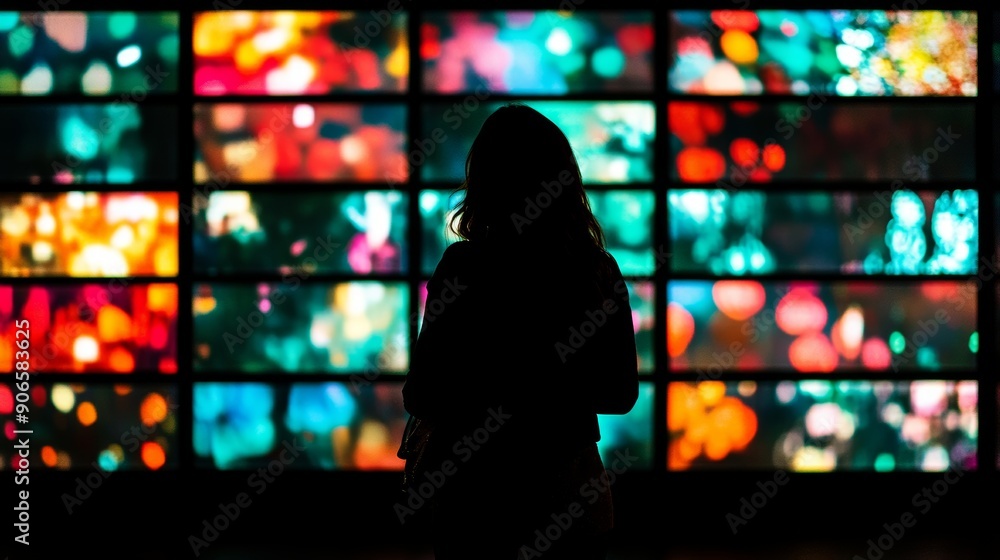 Poster the view from an expansive video wall displays an array of images.