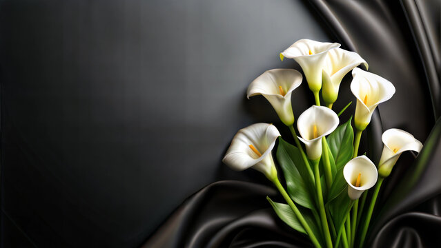 Funeral background, white calla lilies, mourning calla lilies, black silk background, perfect for mourning themes, mockup for mouring design