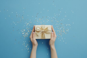 The hands of a woman are holding a beautiful present gift box with a golden ribbon and confetti over a blue background.