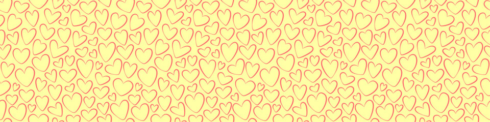 Seamless background of red hearts, stylized hearts of different shapes on a yellow background. Hearts for Valentine's Day. Vector illustration. Love and wedding symbols. Endless background of hearts