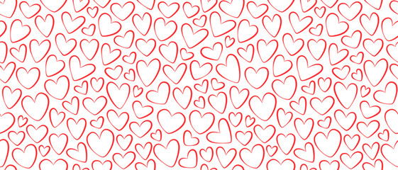 Seamless background of red hearts, stylized hearts of different shapes on a white background. Hearts for Valentine's Day. Vector illustration. Love and wedding symbols. Endless background of hearts