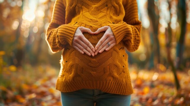 Pregnant Woman in a Yellow Sweater Forming a Heart Shape with Her Hands Over Her Baby Bump in a Fall Forest