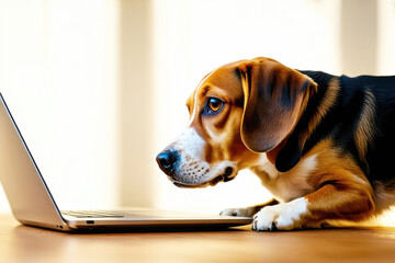 Business concept. Beagle dog work at the laptop computer. Bright light room with sunlight