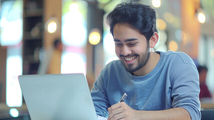 Handsome man in casual smiling while working on  laptop in office