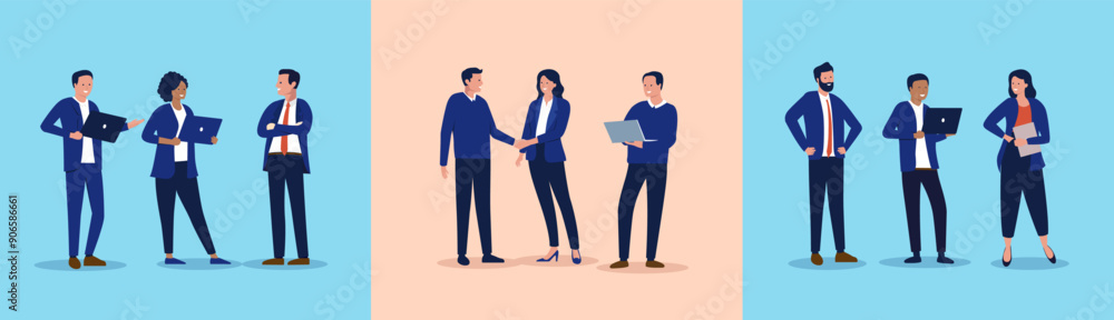 Poster Businesspeople team collection - Group of three people working on computers, shaking ands and doing office work together while smiling. Flat design vector illustration set 