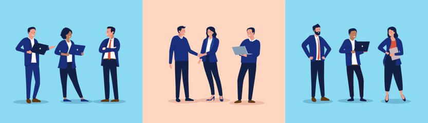 Businesspeople team collection - Group of three people working on computers, shaking ands and doing office work together while smiling. Flat design vector illustration set 