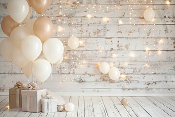 Festive Background with Balloons, Gifts, and Lights