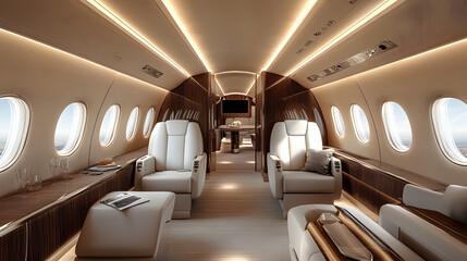 Fototapeta premium Luxurious private jet interior showcasing opulent design with plush seating, elegant finishes, and unparalleled comfort. High-end travel concept AI image