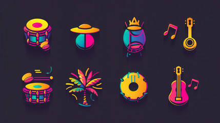 Fototapeta premium A set of colorful icons for various musical instruments and a guitar