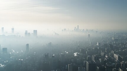 Obraz premium A hazy city skyline captured from above, showcasing skyscrapers enveloped in fog and a serene atmosphere.