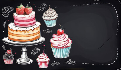 advertising chalkboard cakes desserts menu in the restaurant with copy space