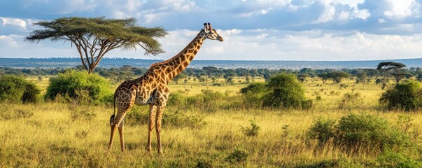 Fototapeta premium A majestic giraffe stands gracefully in a vibrant savanna, showcasing the beauty of nature and wildlife in its natural habitat.