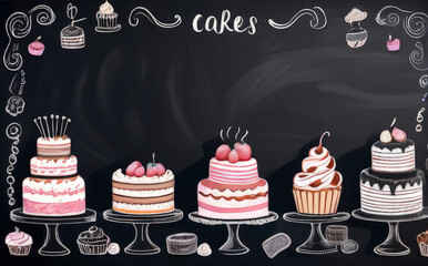 advertising chalkboard cakes desserts menu in the restaurant with copy space