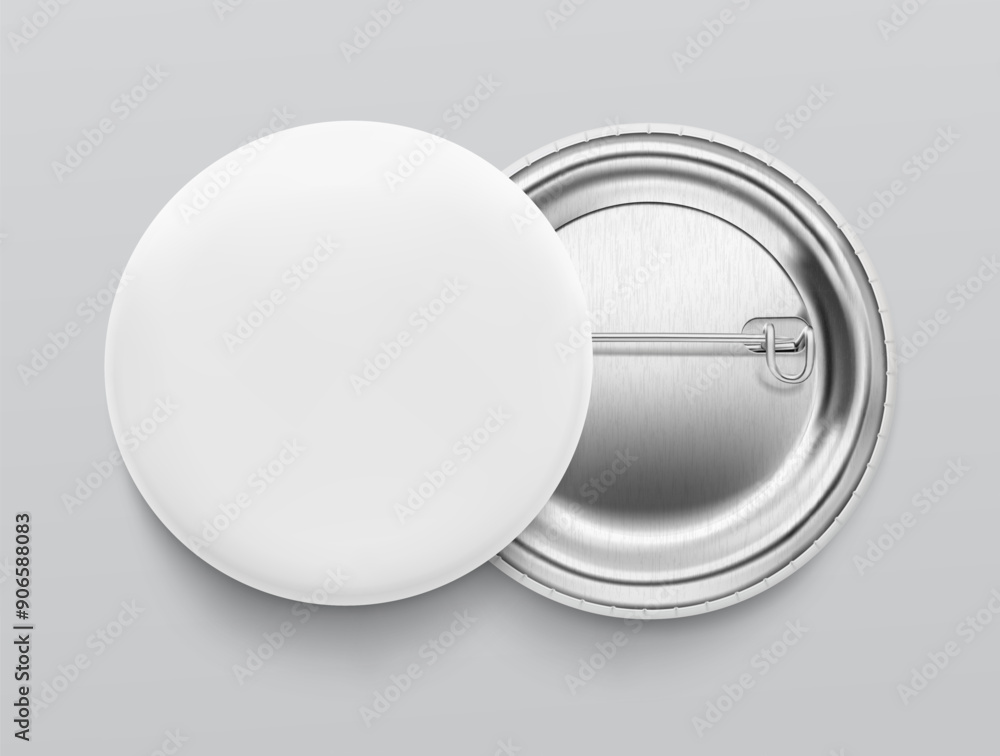 Wall mural white pin button badge mockup. vector illustration isolated on grey background. ready and simple to 