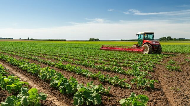 A vibrant agricultural landscape featuring a tractor working in lush green fields under a clear blue sky.