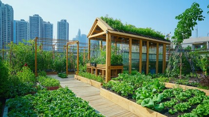 A vibrant urban garden with lush greenery and a wooden structure, showcasing sustainable living amidst modern city buildings.