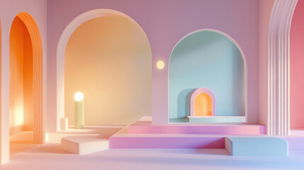 A Beautiful Pastel Architectural Space With Soft Lighting and Graceful Curved Forms