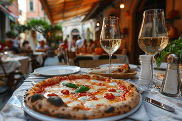 Serving delicious pizza on a table in a restaurant on an Italian street