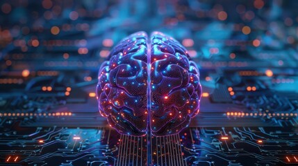 Innovative cognitive AI brain holography, front view, visualizing neural mapping, robotic tone, Tetradic color scheme