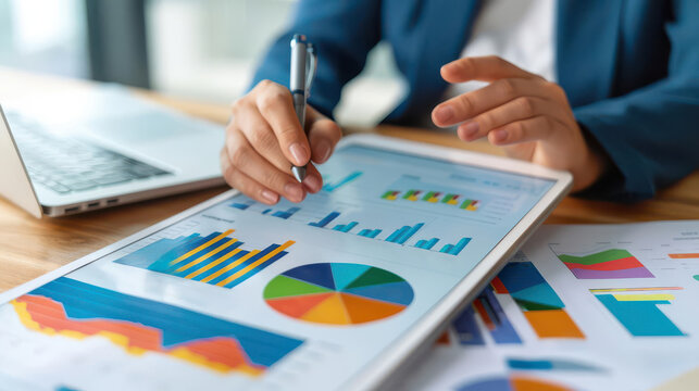 Businesswoman analyzing financial data on tablet.