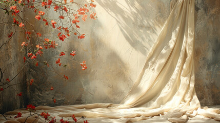 Beige fabric draped over textured wall with red flowers.