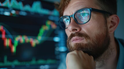 A focused businessman analyzes financial data on his computer screen.