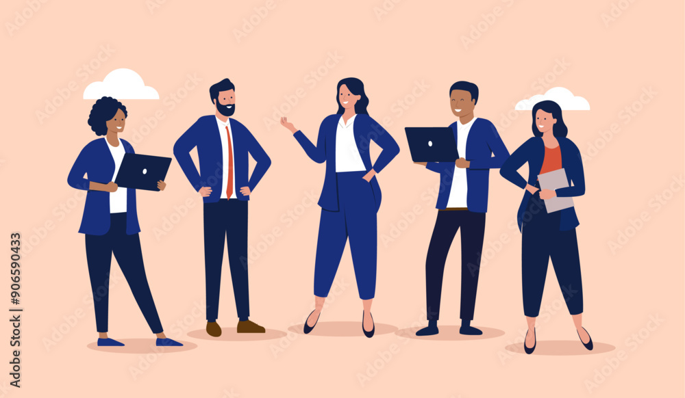 Poster Businesspeople team talking - Group and team of five white collar people using computers talking and doing business together at work. Flat design vector illustration