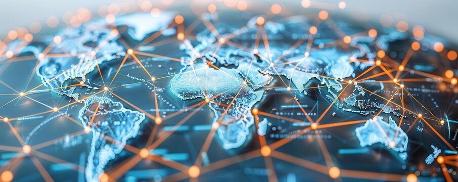 Abstract world map with connected lines, representing global network and communication.