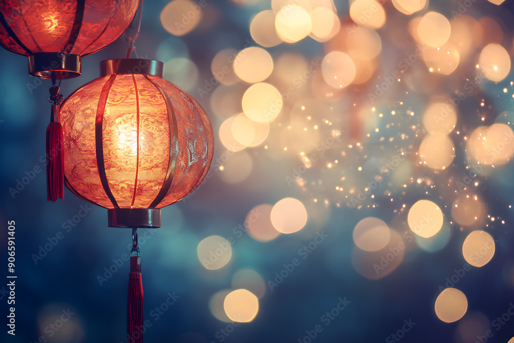 Poster illuminated red chinese lanterns hang against a backdrop of bokeh lights, creating a festive and war