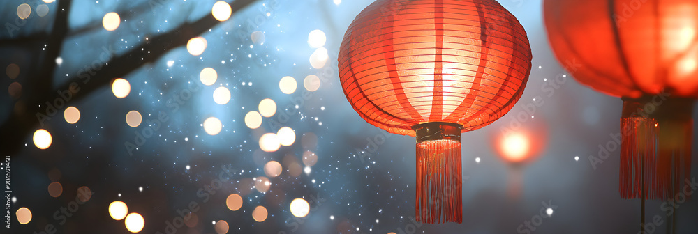 Poster red chinese paper lanterns glowing softly in a festive atmosphere, surrounded by bokeh lights and a 