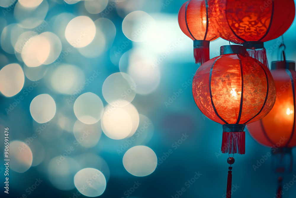 Poster bright red chinese lanterns glowing with soft bokeh lights in the background, creating a festive and