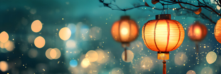 Obraz premium Glowing lanterns hanging gracefully against a dreamy bokeh background, evoking a warm and festive atmosphere perfect for celebrations. Background with copy space