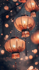 Obraz premium Colorful decorative Chinese lanterns illuminate a dark night with soft bokeh lights creating a magical ambiance of warmth and celebration