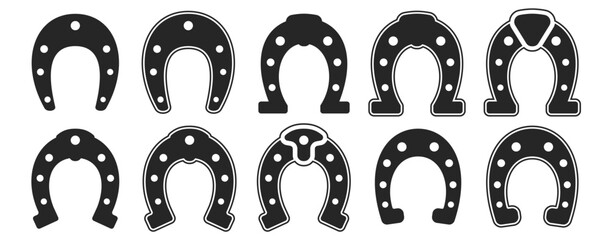 A collection of black, flat horseshoe icons isolated on a white background. These elements symbolize luck or fortune concept. Vector illustration