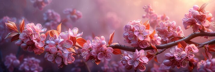 Cherry Blossom Branches and Petals, Pink Sakura Trees with Soft Focus Background.