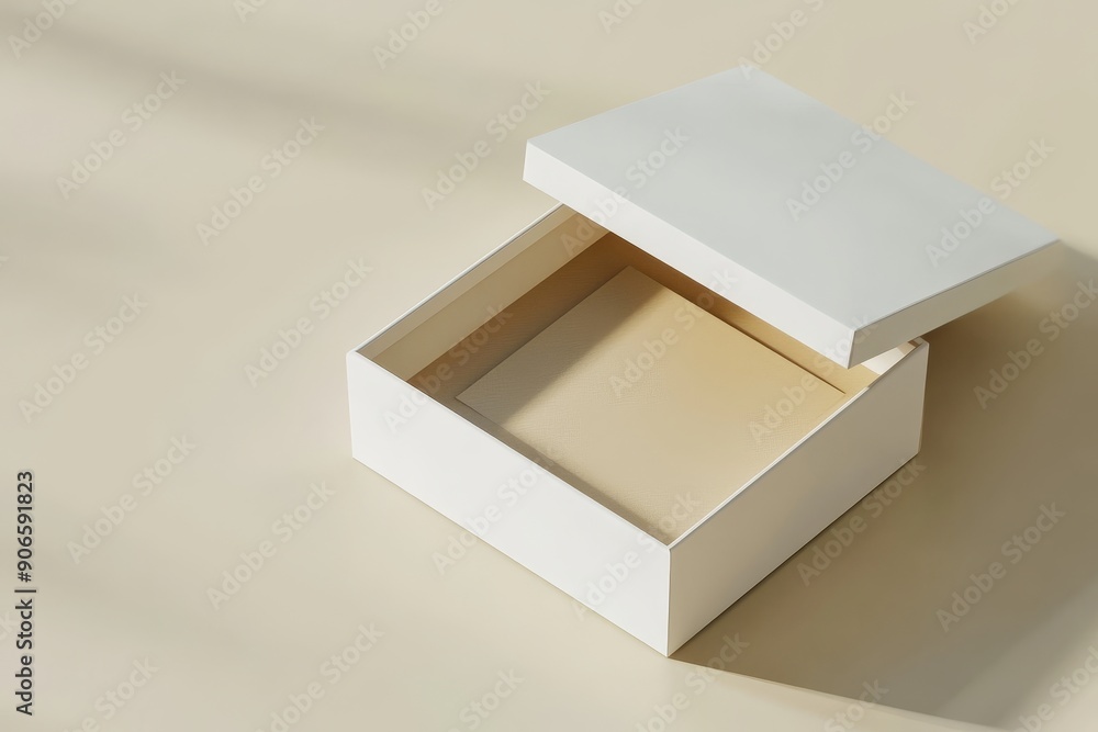 Poster the box is open with paper and a sticker on a light background in the studio. photo mockup. 3d rende