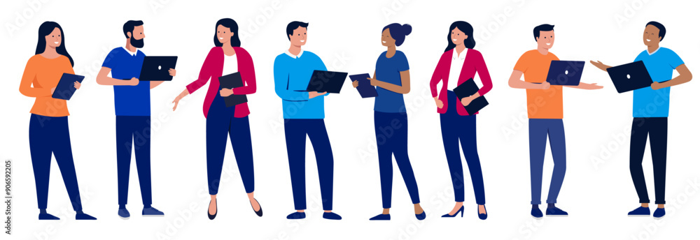 Fototapete People with laptops collection - Set of businesspeople and office workers standing holding computers in hand doing work and talking. Flat design vector illustration characters on white background