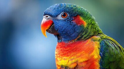 Vibrant parrot with colorful feathers against a blue background. Striking close-up showcasing the bird&acirc;&euro;&trade;s vivid plumage and sharp beak