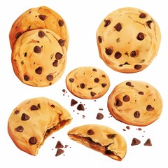 Delightful Watercolor Chocolate Chip Cookies Clipart - Playful Dessert Elements Isolated on White Background