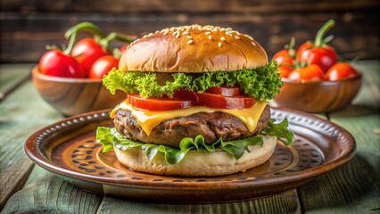 Photo of a burger, on a plate, a fatty piece of meat, a bun, processed cheese, tomato, onion, sauce, greens, on a table decorated with herbs