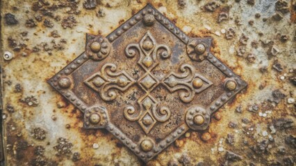 Ornate Rusty Metal Plaque with Geometric Design
