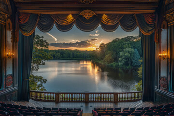 Theater seats face breathtaking sunset over lush, colorful landscape, framed by dramatic red curtains blending art and nature