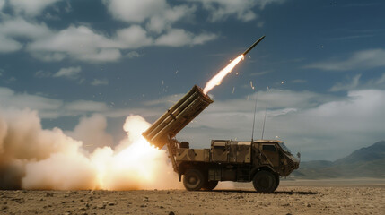 Obraz premium Military mobility artillery rocket system launch missile creating fiery trail in sky, demonstrating powerful defense technology