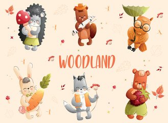 Children cute animals set featuring a hedgehog, beaver, owl, rabbit, wolf, bear with autumn elements.